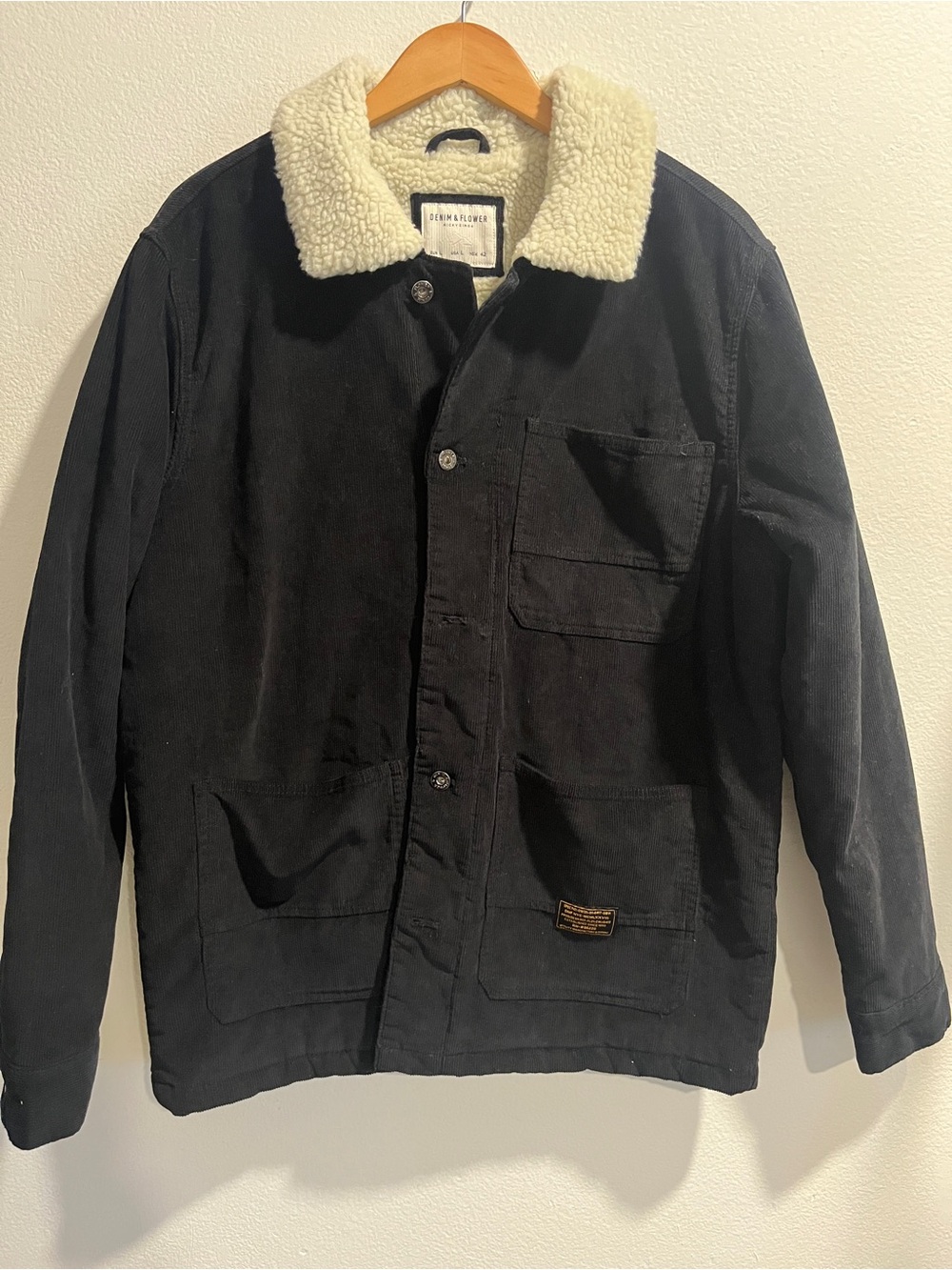 Denim & Flower Black Jacket with Cream Sherpa Collar
